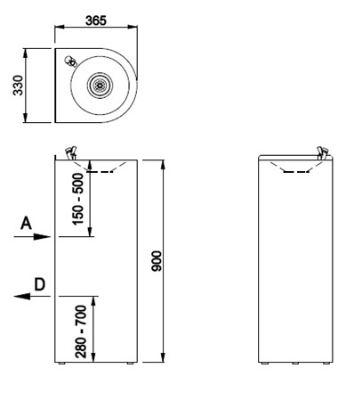 Figure - AFO 01.S stainless steel drinking fountain with pressure valve designed to stand and to be attached to wall