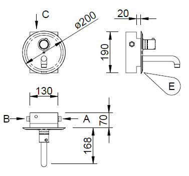 Figure - AUM 13 Wall-hung built-in sensor-controlled tap with a mixing or thermostatic valve